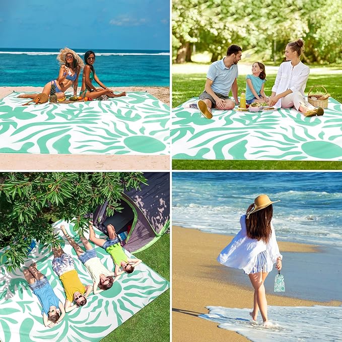 Beach Blanket Waterproof Sandproof, 9 Ft X 10 Ft Extra Large Sand Free Beach Mat, Big Compact Lightweight Quick Drying Picnic Blanket with 4 Stakes & Pockets for Camping, Travel, Hiking