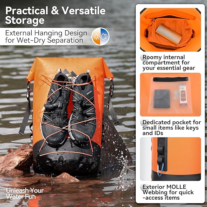 MARCHWAY Floating Roll Top Dry Bag, Flexible Lightweight TPU Waterproof Backpack 20L/30L/40L with Padded Straps for Boating, Kayaking, Swimming, Hiking, Beach (Orange, 30L)