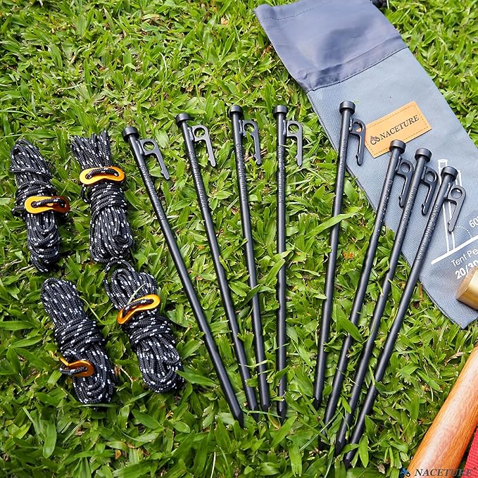 Metal Tent Stakes Heavy Duty 12 Inch 8 Pack with Camp Rope Guy Lines, Metal Stake for Ground, Canopy, Tarps, Sand Anchors for Camping, Picnics, or Yards, Reinforced Nail Heads Camping Accessories and