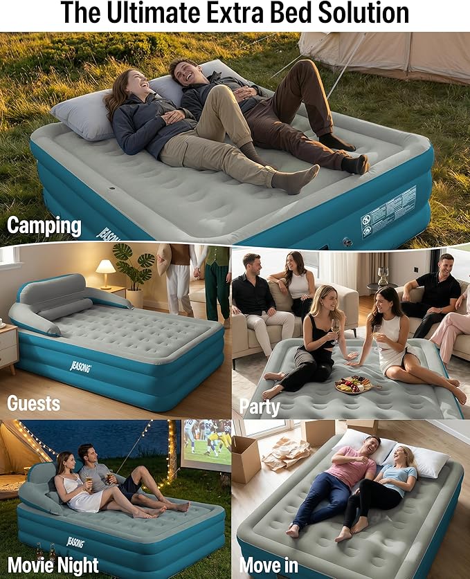 JEASONG Queen Air Mattress with Built-in Rechargeable Battery Pump & Headboard, 20 Inch Elevated Airbed Blow Up Mattress, 700 lbs Inflatable Mattress, Portable Air Bed Blow Up Bed for Home & Camping