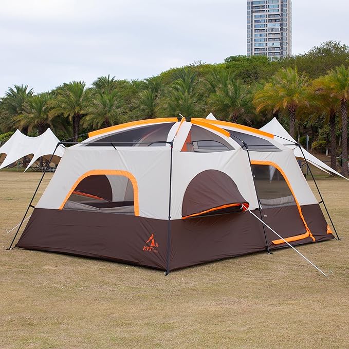 KTT Extra Large Tent 6-10-12-14 Person(Style-B),Family Cabin Tents,2 Rooms,3 Doors and 3 Windows with Mesh,Straight Wall,Waterproof,Double Layer,Big Tent for Outdoor,Picnic,Camping,Family Gathering