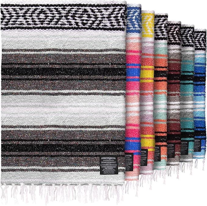 Hydration Nation Authentic Extra Large Mexican Blanket (70"x50") - Handwoven Yoga, Serape- Artisanal Falsa, Beach, Camping, Picnic, Outdoor(Gray)