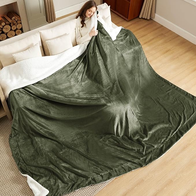 Bedsure GentleSoft Sherpa Fleece Oversized Cal King Blankets for Bed - Thick and Warm, Soft Fuzzy Plush Large Blanket for Winter, Olive Green, 112x98 Inches