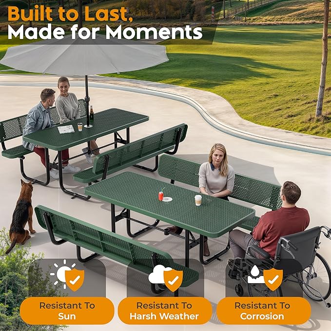 Metal Picnic Furniture for Outdoors with Umbrella Hole - Coated Steel Heavy Duty Commercial Grade Table with Adjustable Seats, Patio Set for a Lifetime (Green, 6' Rectangular with Back)