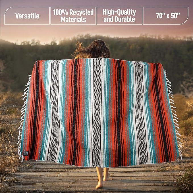 Authentic Large Handwoven Mexican Blanket - Soft Yoga - Durable Serape - Lightweight Falsa, Beach, Camping, Picnic, Outdoor 70"x50" - Mandarin
