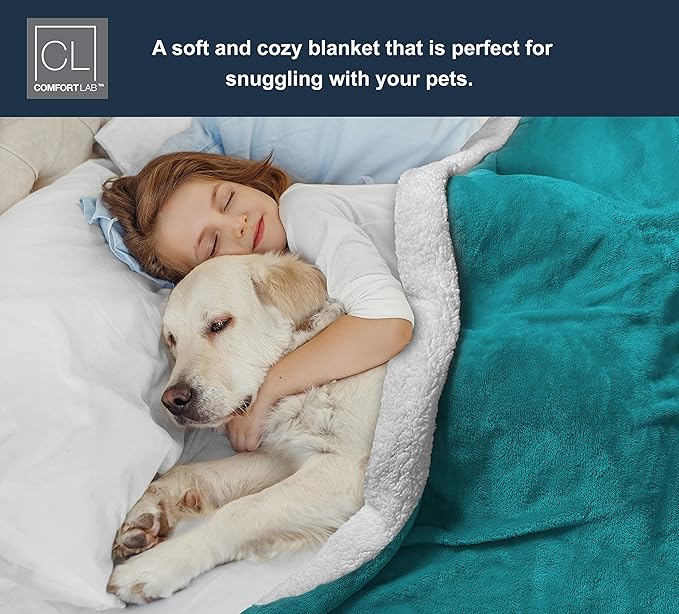 Comfort Lab Reversible Flannel Sherpa Throw Blanket - Elegant Fluffy Throw Blankets for Couch and Home Decor - Anti Pilling Non Shedding Cozy & Warm Fleece Throws - Kids/Pet (40" x 50") - Teal