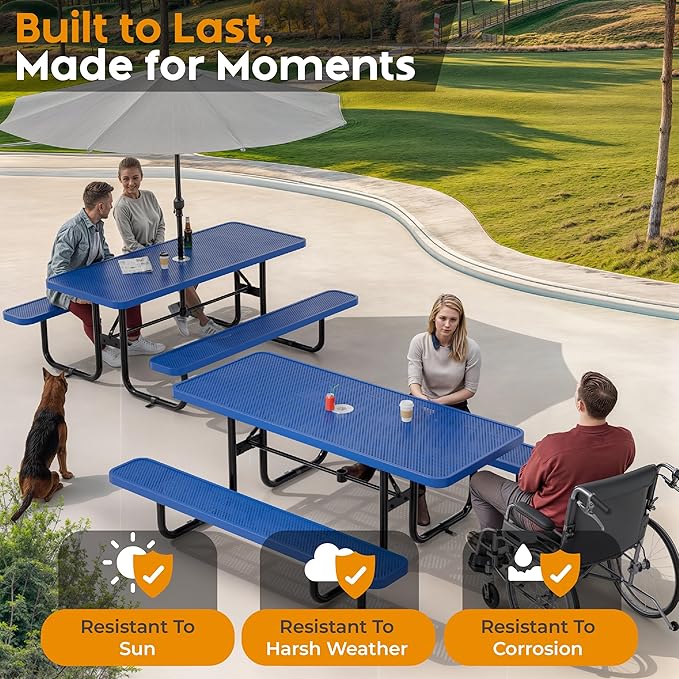 Metal Picnic Furniture for Outdoors with Umbrella Hole - Coated Steel Heavy Duty Commercial Grade Table with Adjustable Seats, Patio Set for a Lifetime (Blue, 6' Rectangular, Punched Steel)