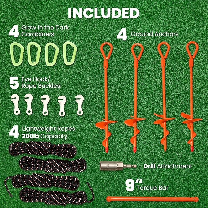 15 inch 4 Pack Ground Anchor Stakes, High Visibility Multi-Purpose Heavy Duty Metal Earth Augers for Tents, Canopies, Trampoline Sheds, Car Ports, Swing Sets, (Orange-4 Pack)