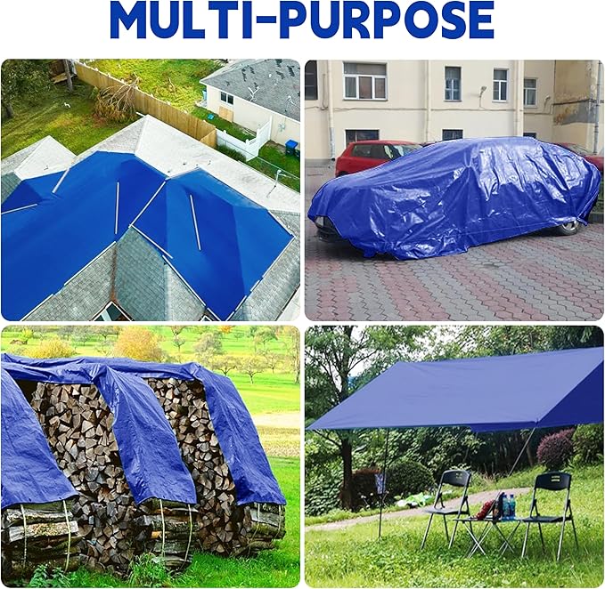 Tarp 8x10 ft (4-Pack) 100% Waterproof Uv Resistant High Durability Multipurpose 5mil Blue Tarp for Covering Courtyards, Cars, Camping, Gardens, Pet Nests -by MVPNET