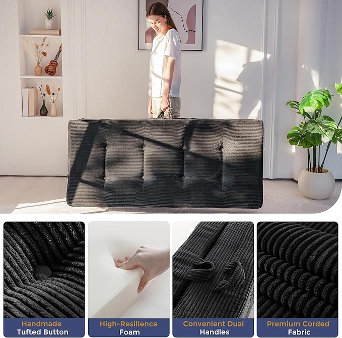 MAXYOYO Folding Mattress, 4 Inch Tufted Foldable Mattress Full Foam Bed, Tri-Fold Floor Couch with Handles Guest Bed Topper Portable Camping Mat with Corded Fabric, Twin Size, Black