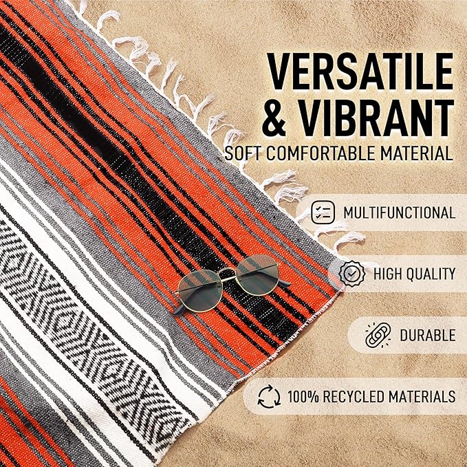 Hydration Nation Authentic Extra Large Mexican Blanket (70"x50") - Handwoven Yoga, Serape - Artisanal Falsa, Beach, Camping, Picnic, Outdoor(Orange)