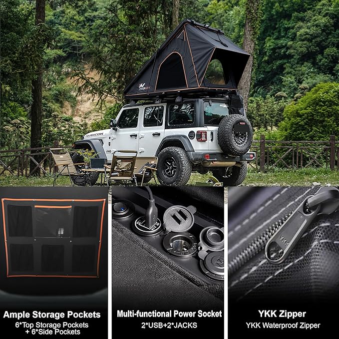 Naturnest Polaris Hardshell Rooftop Tent with 2 Luggage Racks, Car Roof Top Tent with AC Inlets, 3-Color LED Lights and Internal USB Plug for Vans, Jeeps, SUVs and Trucks, 2-3 Person Tents