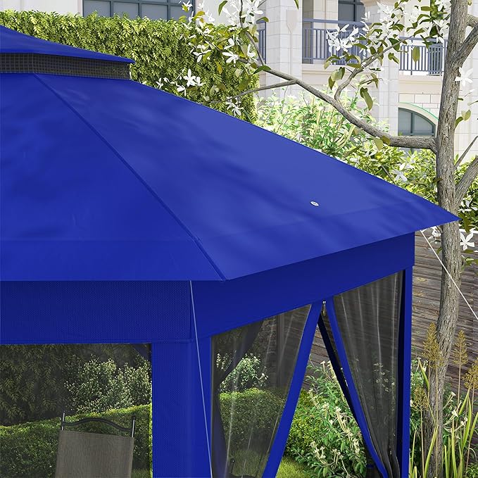 Outsunny 13' x 13' Pop Up Gazebo, Hexagonal Canopy Shelter with 6 Zippered Mesh Netting, Event Tent with Strong Steel Frame for Patio Backyard Garden Wedding Party, Dark Blue and Black