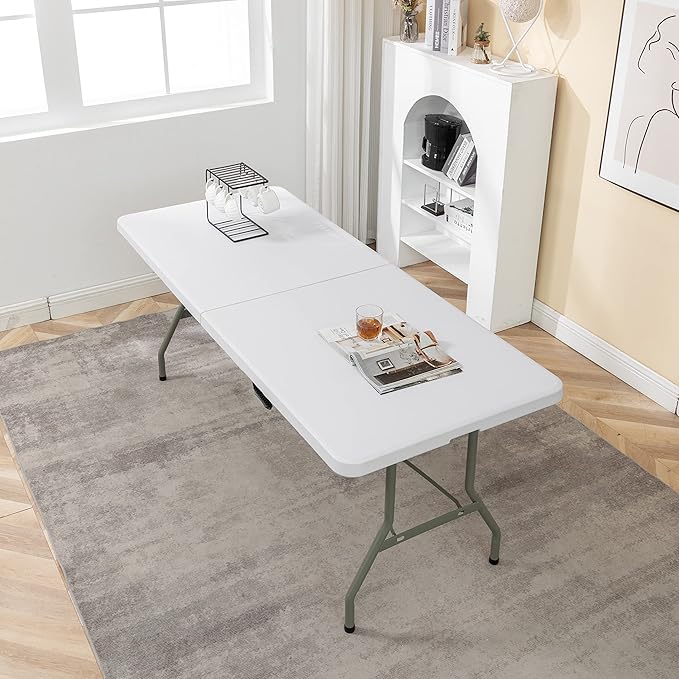 BTEXPERT Set of 2, Fold-in-Half Folding Utility Table 6 Feet 72"x 29.5" Lightweight Portable Carrying Handle Indoor Outdoor Picnic Camping Office Home Party Wedding Event Easy Clean Store Care White