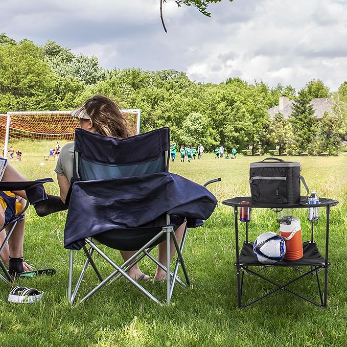 Wakeman Camping Table - 2-Tier Folding Table with 4 Cupholders and Carry Bag for Picnic, Tailgate, Beach, or Camp - Camping Gear Outdoors (Black)
