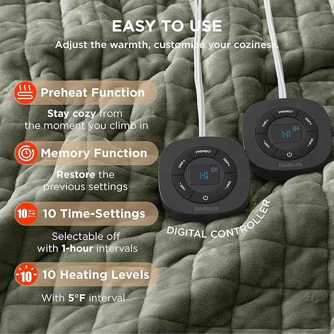Bedsure Electric Blanket Queen Size - Dual Control Heated Weighted Blanket Queen with 10 Heat Settings, Fast Heating with 10 Time Settings (84x90 inches, Olive Green)