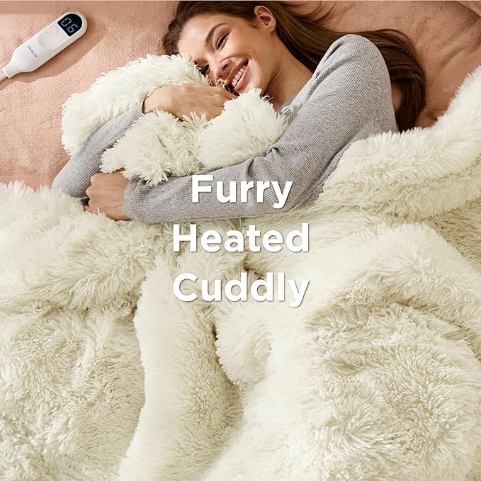 Bedsure Faux Fur Heated Blanket Twin Size, Fast Heating Fluffy Electric Blanket, Heating Blanket Twin Size with 10 Time Settings & 6 Heat Settings, Cozy Gifts for Women Men (62x84 inches, Cream)