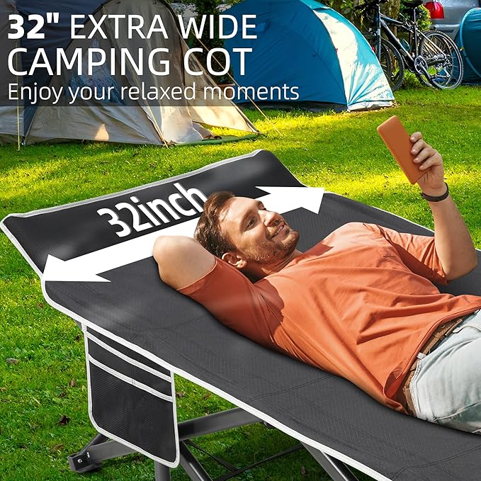 Portable Camping Cot, 32" Extra Wide Camping Cots for Everyone with Thick Cushion, Heavy Duty Sleeping Cot Holds Up to 600LBS, Cots for Sleeping, Rv, Beach, Patio, Office Naps(Blue)