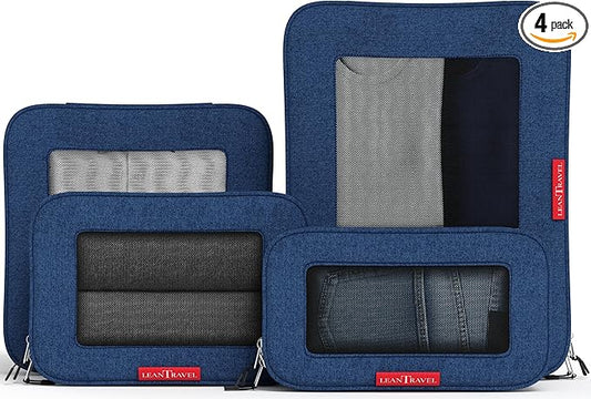 LeanTravel Premium Compression Packing Cubes for Travel - Luggage Organizers with Double Zipper - Sturdy Bags for Suitcase (4-Pack, Navy Blue)