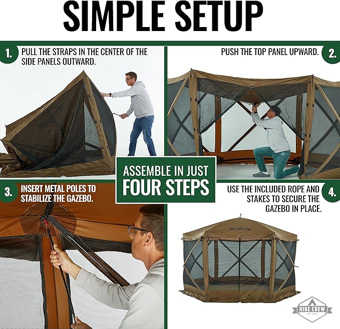 Hike Crew 12’x12’ Pop-Up Gazebo Screen Tent | 6-Sided Outdoor Canopy Shelter w/Built-in Zippered Wind Panels, Built-in Awning, Stakes, Ropes & Carry Bag for Camping & Sports | UV Resistant SPF 50+