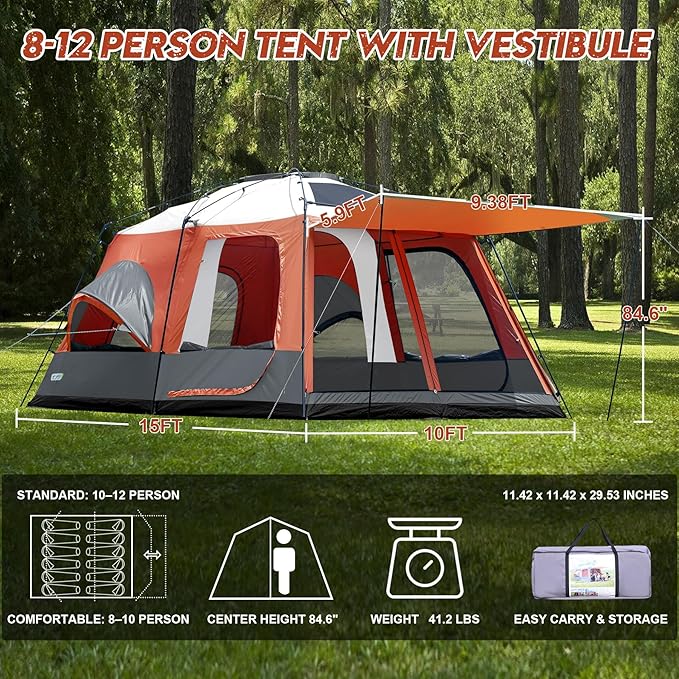 8–10-12 Person Camping Tent, 2 Room Family Tent with Zippered Divider, Porch, Rainfly, Extra Large Waterproof Cabin Tent with 3 Mesh Doors & Windows, Easy Setup 7.1 ft Tall Tent for Outdoor Camping