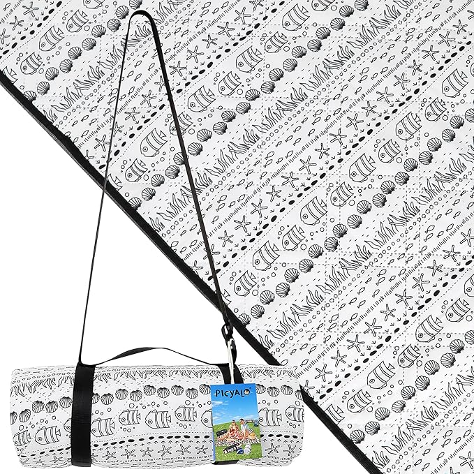 Outdoor Picnic Blanket White Fish 80"x80" Extra Large Sandproof Beach Blanket Waterproof Picnic Blankets Foldable for Caming, Beach, Outdoor Activities.