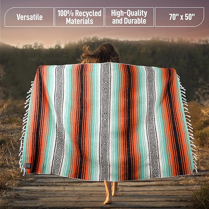 Hydration Nation Authentic Extra Large Mexican Blanket (70"x50") - Handwoven Yoga, Serape- Artisanal Falsa, Beach, Camping, Picnic, Outdoor (Mint-Orange)