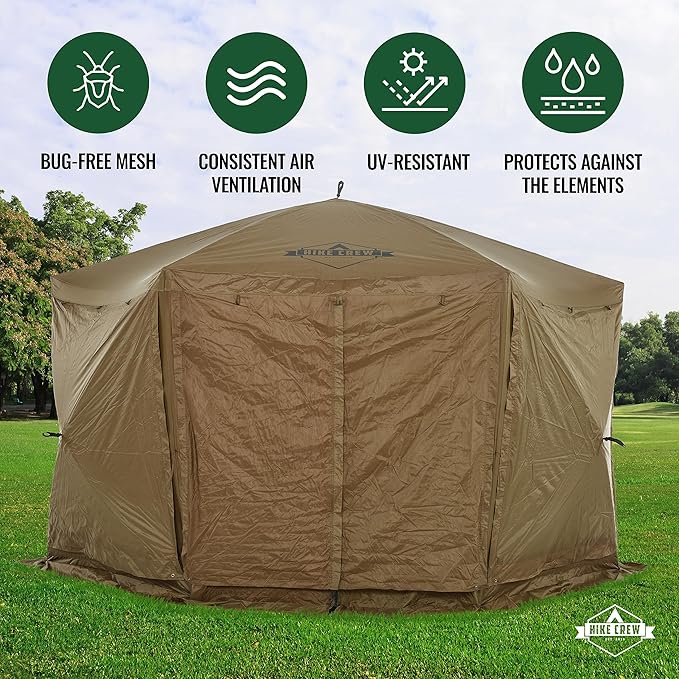 Hike Crew 12’x12’ Pop-Up Gazebo Screen Tent | 6-Sided Outdoor Canopy Shelter w/Built-in Zippered Wind Panels, Built-in Awning, Stakes, Ropes & Carry Bag for Camping & Sports | UV Resistant SPF 50+