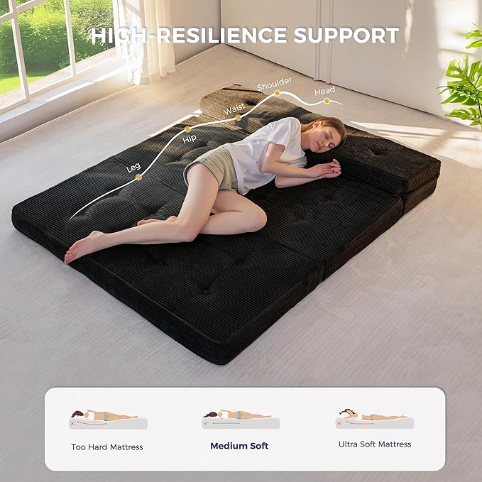 MAXYOYO Folding Mattress, 4 Inch Tufted Foldable Mattress Full Foam Bed, Tri-Fold Floor Couch with Handles Guest Bed Topper Portable Camping Mat with Corded Fabric, Queen Size, Black