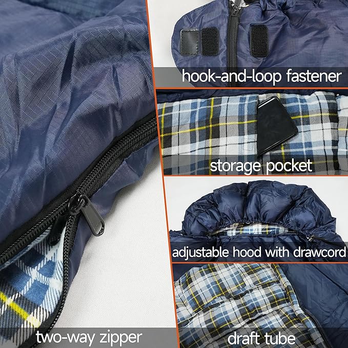 Cold Weather Flannel Sleeping Bags for Adults 0 Degree / -10 Degree, As a Blanket, Waterproof, Lightweight, Portable, Backpacking Camping Outdoor Travel Hiking