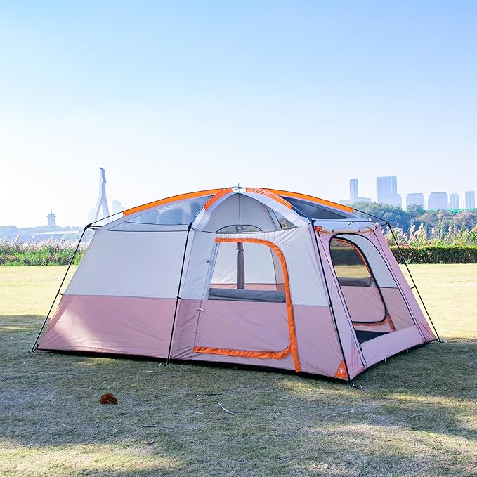 KTT Extra Large Tent 6-10-12-14 Person(Style-B),Family Cabin Tents,2 Rooms,3 Doors and 3 Windows with Mesh,Straight Wall,Waterproof,Double Layer,Big Tent for Outdoor,Picnic,Camping,Family Gathering