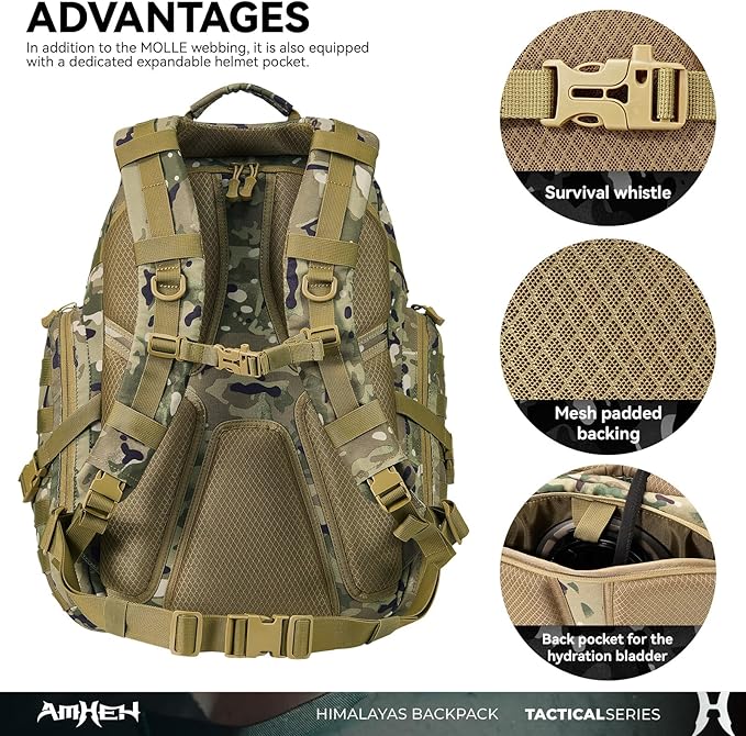 52L Tactical Backpack - 1050D 72 Hour Bug Out, 17" Laptop Compartment, Helmet Pocket and MOLLE for Survival Emergency (Camo)