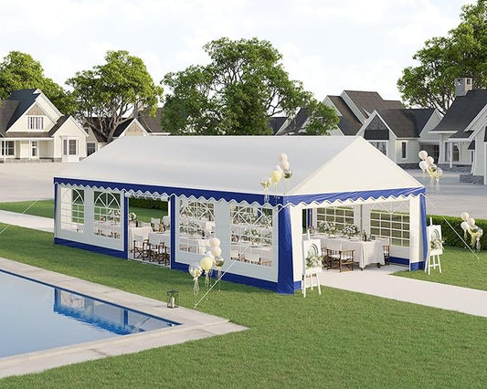 AMERLIFE 16 x 32 FT Party Tent with Rolled Sidewalls, Heavy Duty Wedding Tent for Party Outside with Zinc Alloy Tube & Spiral Stakes, Waterproof Event Shelters, White & Blue
