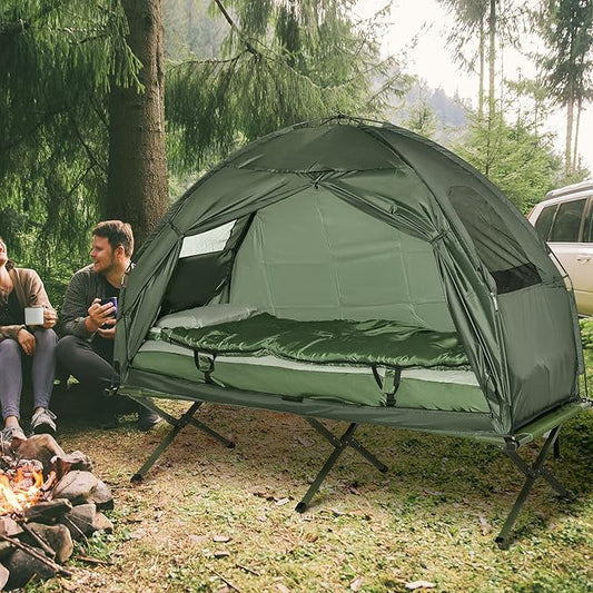 Person Foldable Camping Cot with Tent, Bedspread and Thick Air Mattress, 4-in-1 Elevated Camping Bed Tent for Outdoor Hiking, Picnic, Travel