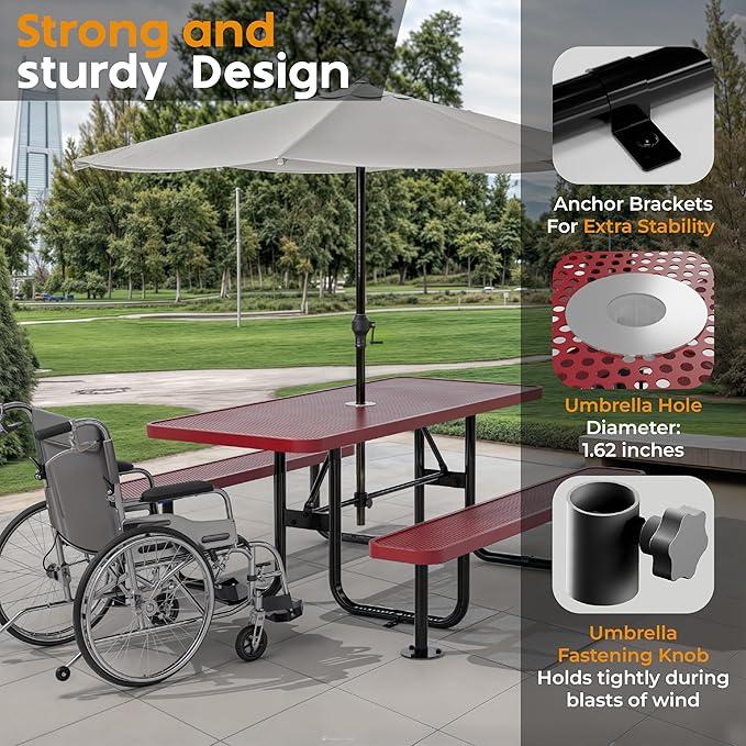 Metal Picnic Furniture for Outdoors with Umbrella Hole - Coated Steel Heavy Duty Commercial Grade Table with Adjustable Seats, Patio Set for a Lifetime (Red, 6' Rectangular, Punched Steel)