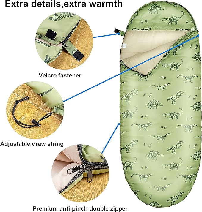 Kids Sleeping Bags for Boys – Military Green Dinosaur – Rioyalo YOLO 45 Camping Sleeping Bags for Kids with Carry Bag - Outdoor and Indoor (Military Dinosaur)