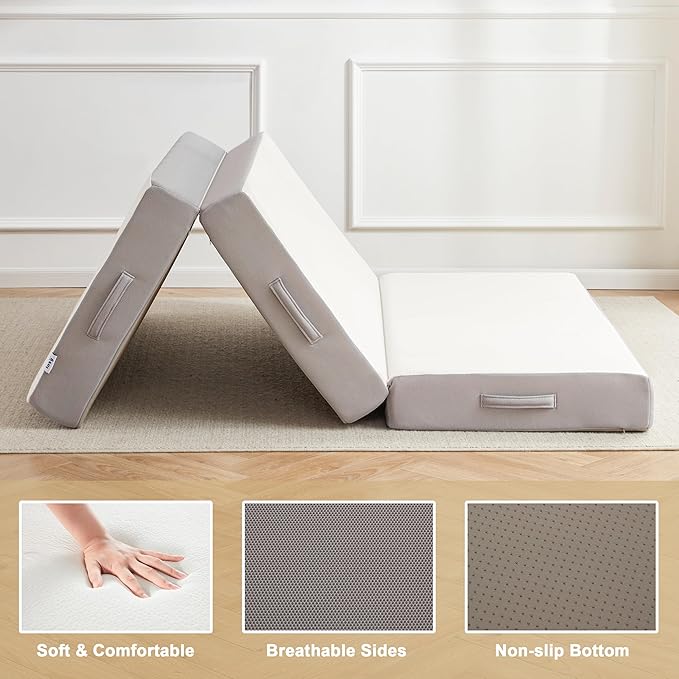 Folding Mattress, 6 Inch Memory Foam Tri-fold Mattress with Breathable & Washable Bamboo Fiber Fabric Cover, Foldable Floor Guest Bed for Camping, Road Trip, Full