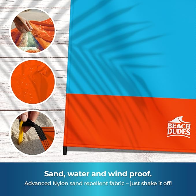 Sandproof Waterproof Beach Blanket Extra Large 108"x 84", Mat for Family, Quick Dry Ripstop Nylon Lightweight, Compact for Travel, Picnic, Camping w/ 4 Anchor Stakes and Carry Bag