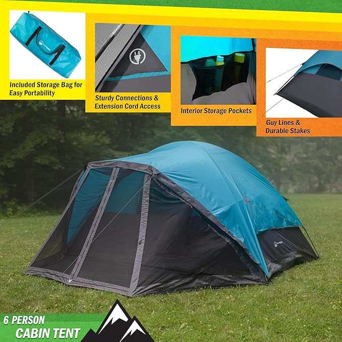 Camping Tent - Water-Resistant Cabin Style Outdoor Shelter with Built-in Screen Tent and Carrying Bag by Wakeman Outdoors