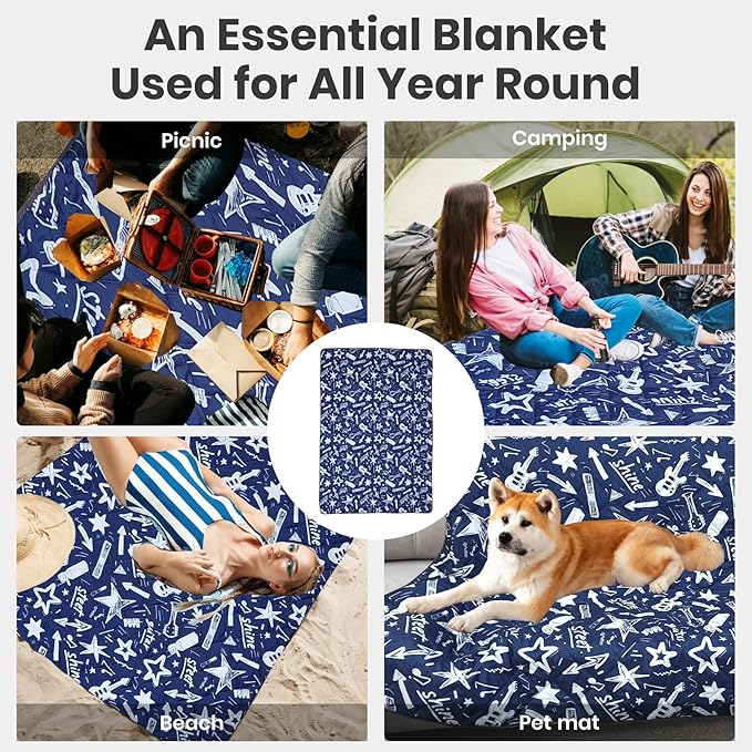 Waterproof Outdoor Blanket, 79" x 55" Large Packable Picnic Blankets, Foldable Picnic Mat for Park, Lawn, Grass, Beach, Concert (Star and Guitar)
