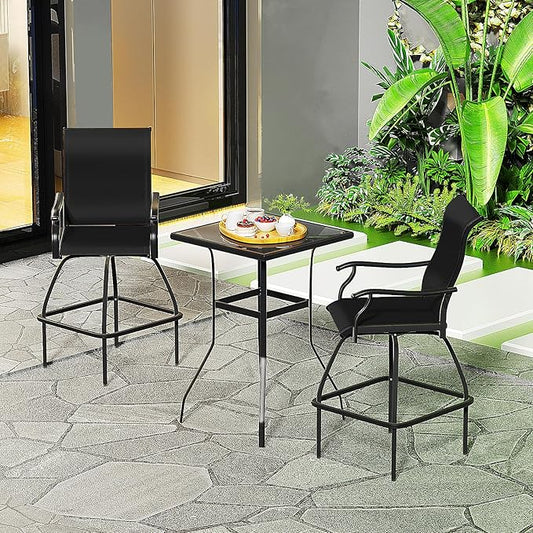 LEVELEVE Patio Bar Set 2pcs Swivel Bar Stools Outdoor Bistro Textilene Furniture Stability All-Weather Set (3, Black Padded)