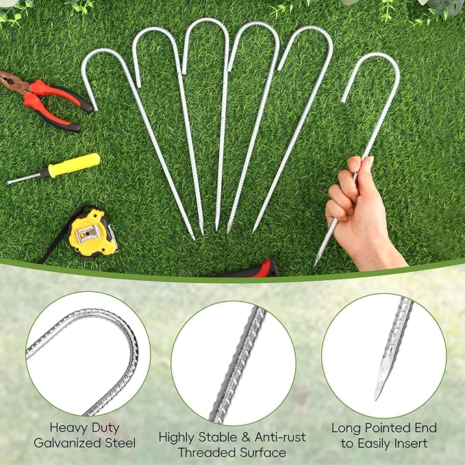 CEWOR 12 Pack 12 Inch Rebar Stakes, J Hook Heavy Duty Tent Stakes Metal Ground Stakes Galvanized Ground Anchors for Chain Link Fence, Trampoline, Camping, Canopy, Outdoor Decorations
