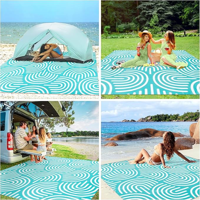 Beach Blanket, 78''×86'' Large Waterproof Sandproof Beach Mat for 2-4 Adults, Lightweight Compact Sand Free Outdoor Picnic Blanket with 4 Stakes & 4 Corner Pockets