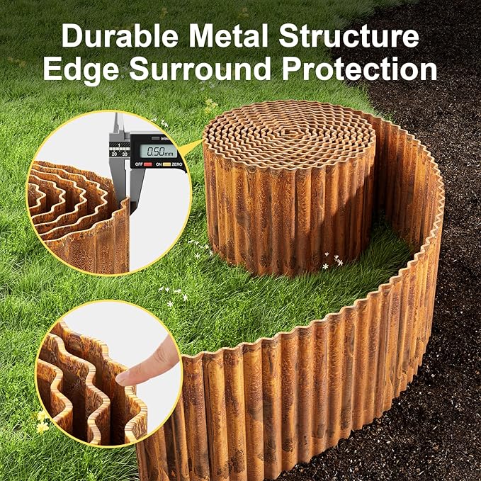 Land Guard Corrugated Garden Edging Border, 12" × 100' Landscape Paver Edging, Tall Landscape Edging, Fence for Garden, Flower Bed, Lawn and Landscape Edging (Rusty)