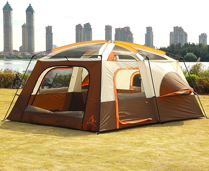KTT Extra Large Tent 6-10-12-14 Person(Style-B),Family Cabin Tents,2 Rooms,3 Doors and 3 Windows with Mesh,Straight Wall,Waterproof,Double Layer,Big Tent for Outdoor,Picnic,Camping,Family Gathering