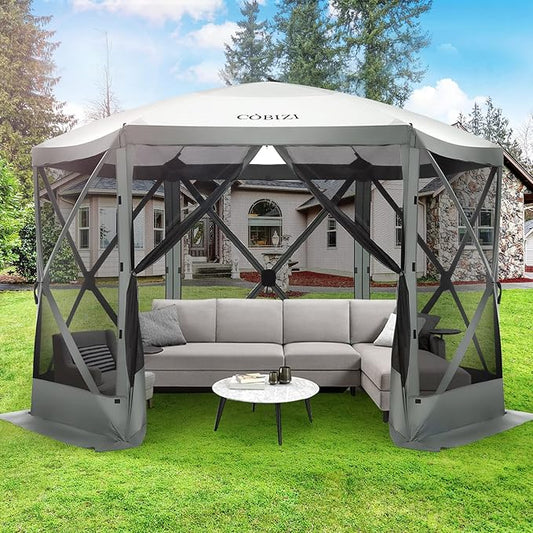 COBIZI Pop Up Gazebo Screen Tent Screen House for Camping, 12x12 Screen Room with Mosquito Netting, Hub Tent Instant Screened Canopy with Carrying Bag and Ground Stakes, Gray