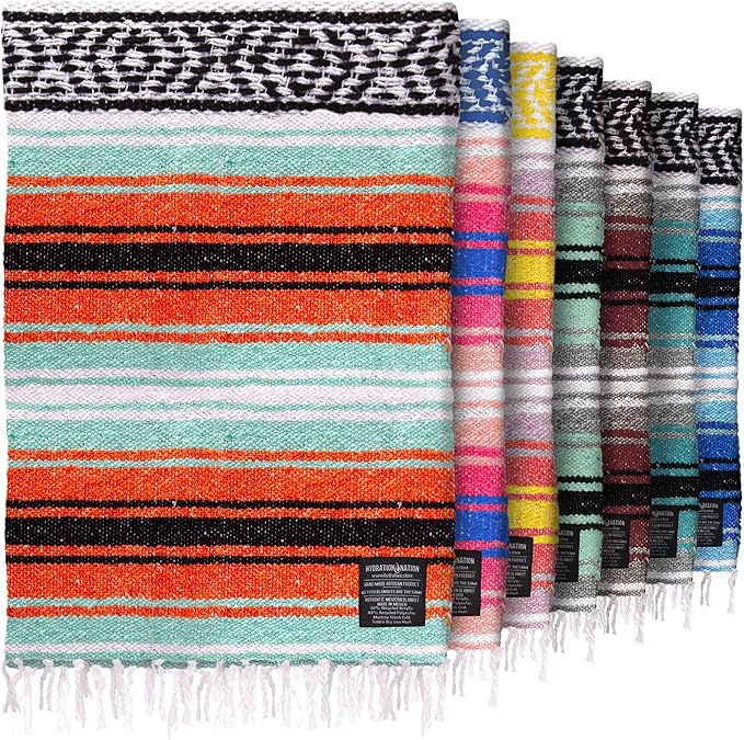 Hydration Nation Authentic Extra Large Mexican Blanket (70"x50") - Handwoven Yoga, Serape- Artisanal Falsa, Beach, Camping, Picnic, Outdoor (Mint-Orange)