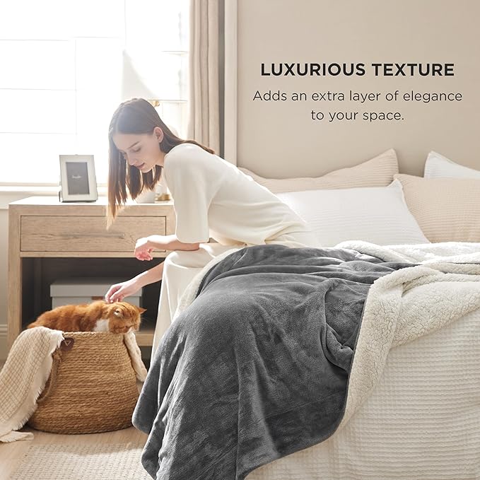 Bedsure GentleSoft Sherpa Fleece Blankets King Size for Bed - Thick and Warm, Soft Fuzzy Plush King Blanket for Winter, Grey, 108x90 Inches