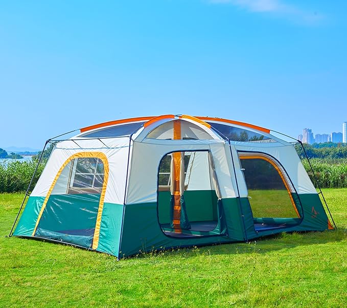 KTT Extra Large Tent 12-14 Person,Family Cabin Tents,2 Rooms,Straight Wall,2 Doors 4 Windows with Mesh,Waterproof,Straight Wall,Big Tent for Outdoor,Picnic,Camping,Gathering(Brown)