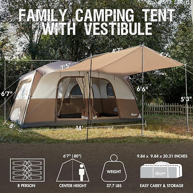 PORTAL 6 | 8 | 10 Person Family Camping Tent with Porch, Big Family Camping Tent with Tall Height, Good Ventilation, Water Resitant Large Tent for Outdoor Camping, Backyard